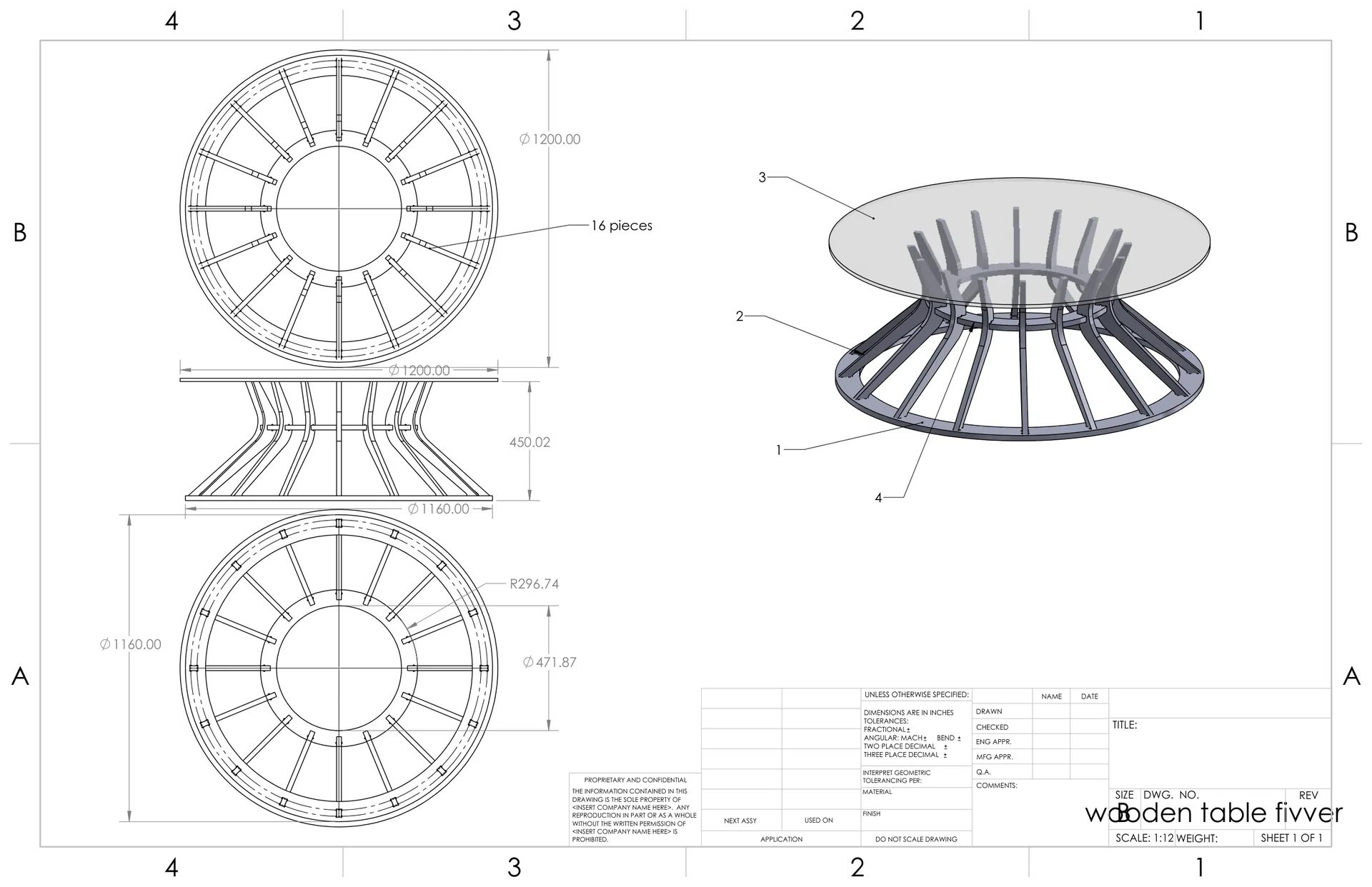 Desenho técnico com elevação, planta, perspectiva e dimensões da mesa Catedral